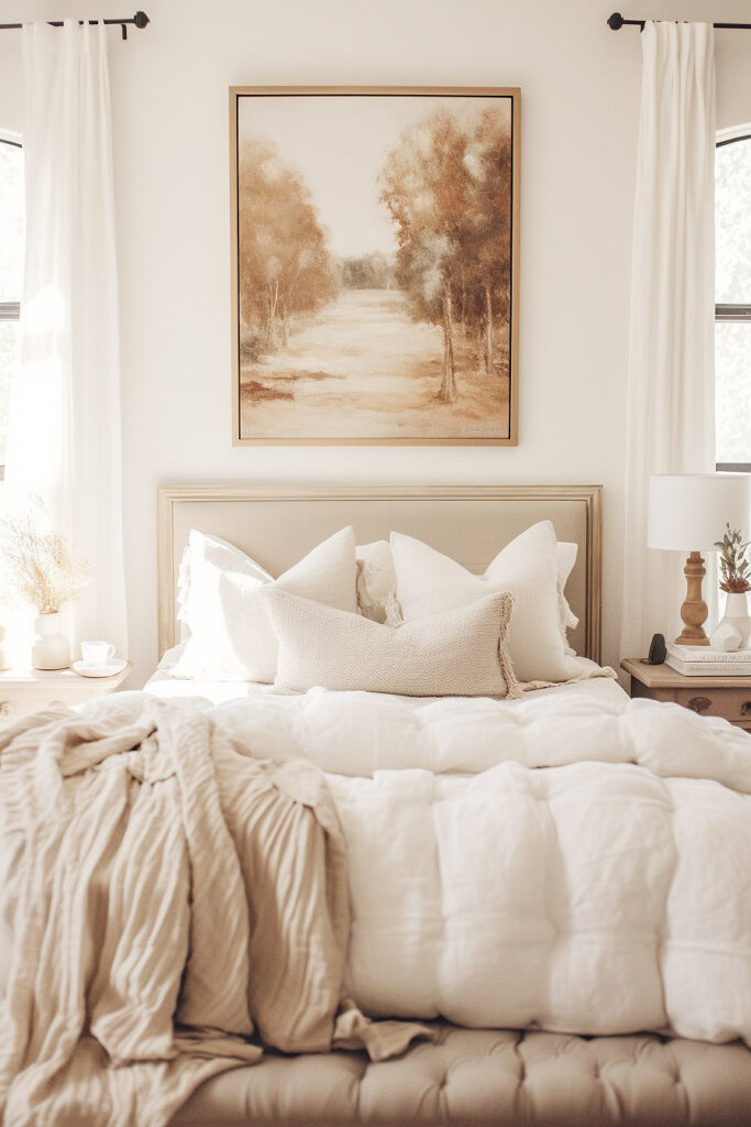 bright cozy fall bedroom with neutral color palette