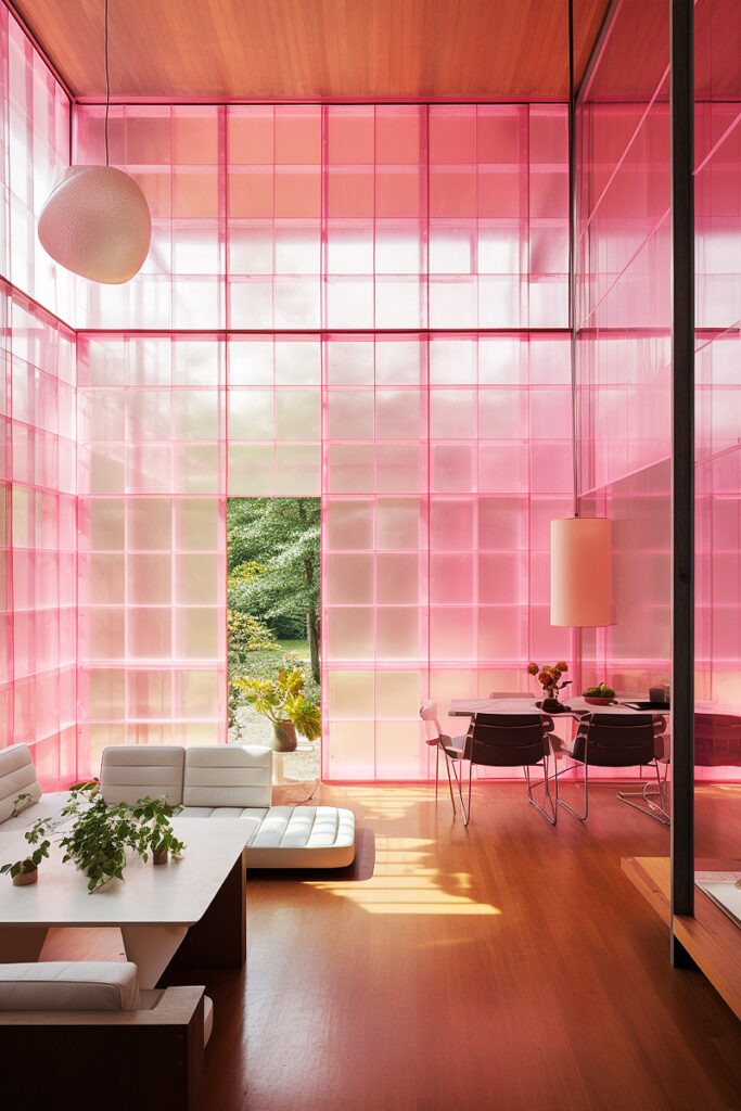 contemporary barbiecore interior with pink plastic cube walls
