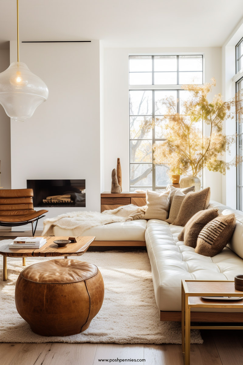 A cozy contemporary asymmetrical living room with warm tones.