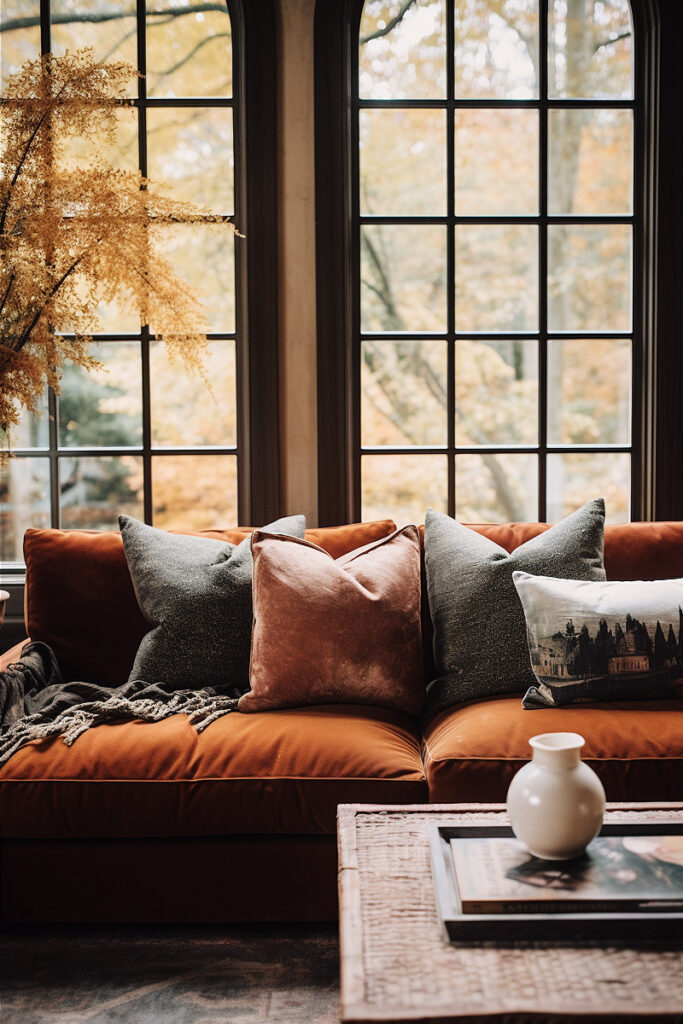 cozy fall living room with velvet sofa rust tones