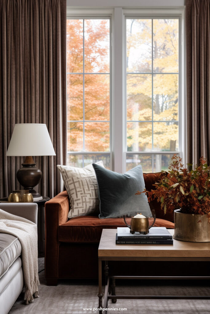 gorgeous cozy living room decorated for fall with thick curtains, rust colored velvet sofa