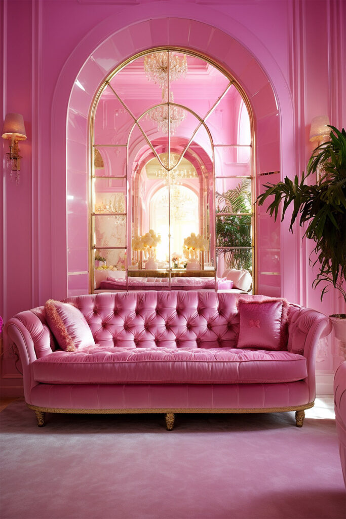Glamorous barbiecore living room with arched window, tufted pink sofa and pink walls and floor
