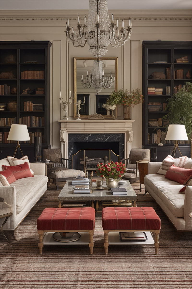 traditional living room painted in beige with dark bookcases and a crystal chandelier. There are two identical sofas facing each other, flanked by two matching sets of side tables and lamps - great example of a symmetrical living room.
