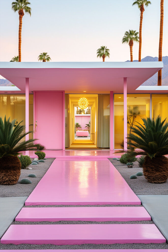palm springs style mansion with glossy pink entry steps