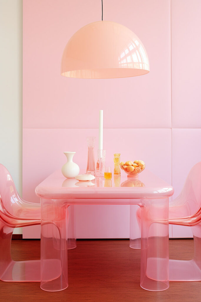 Glossy pink barbiecore dining room with transparent pink furniture and large pink globe light fixture