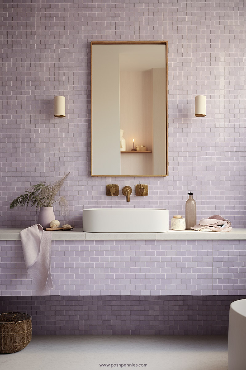 beautiful lilac bathroom cloaked in zellige tiles and brass hardware. symmetry and balance is achieved through the sconces flanking the large rectangular mirror