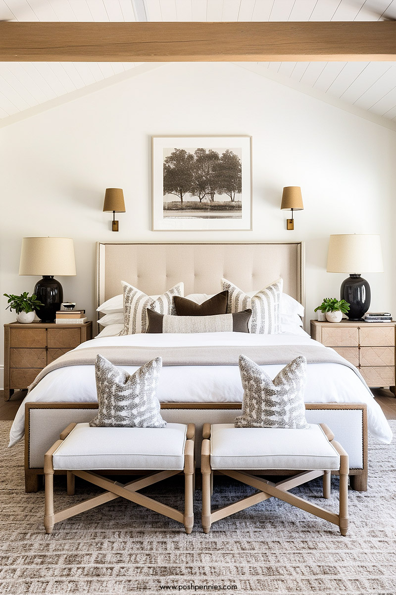symmetrical bedroom with matching scones, ottomans, night tables and table lamps