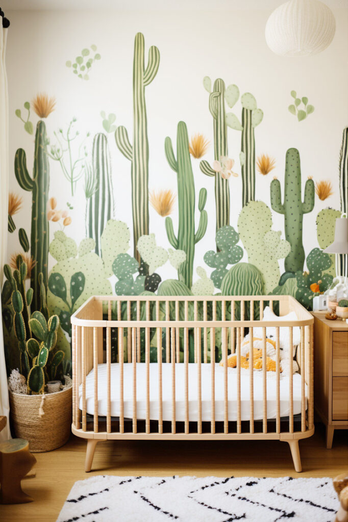 cactus wallpaper with simple wooden crib gender neutral nursery
