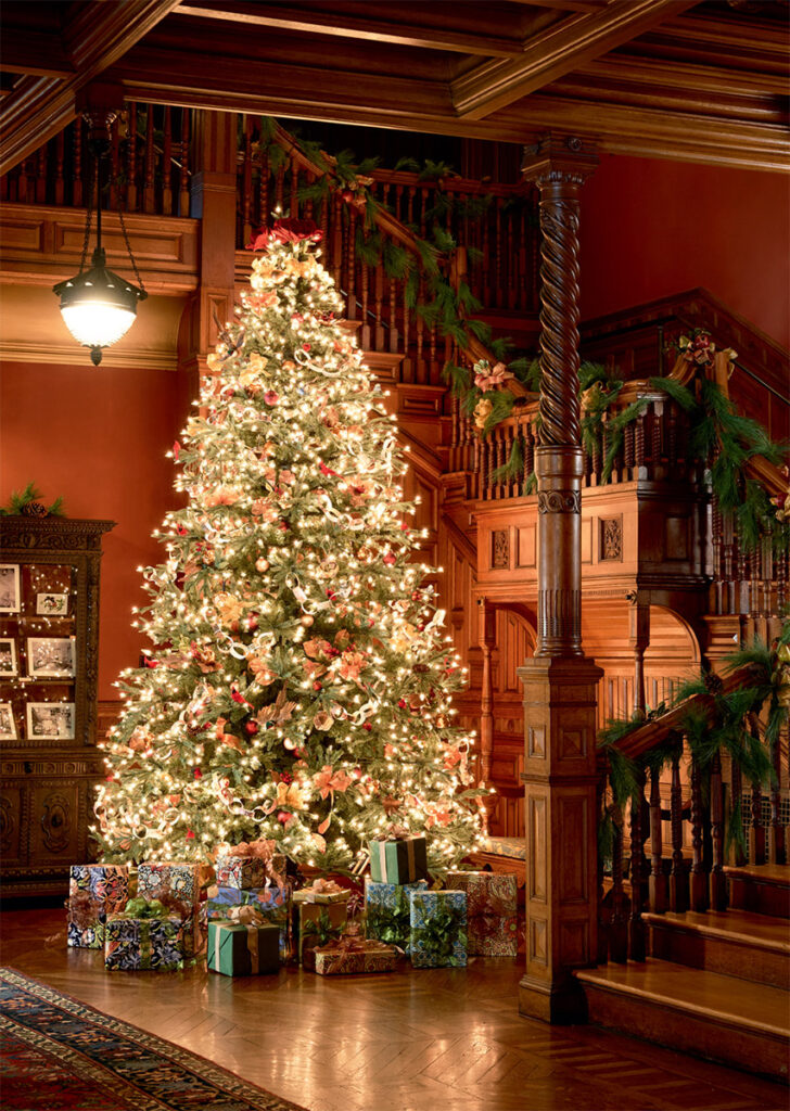 majestic huge christmas tree in a traditional wood panelled foyer