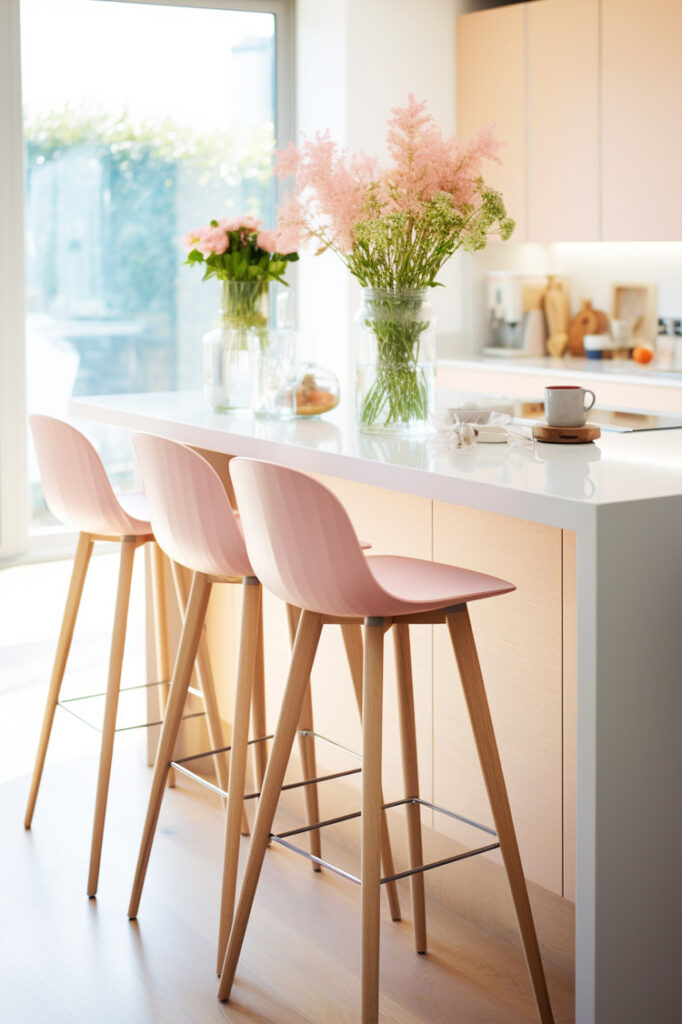 pink barstools in white bright kitchen