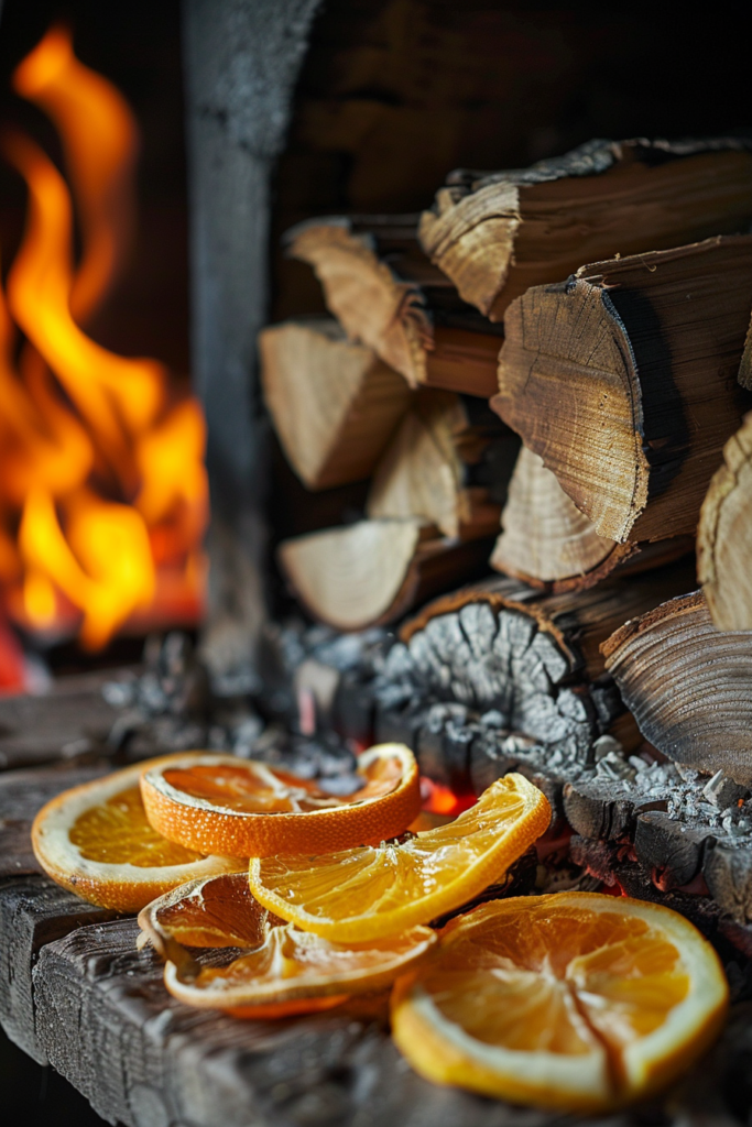 orange slices in front of log burning fire