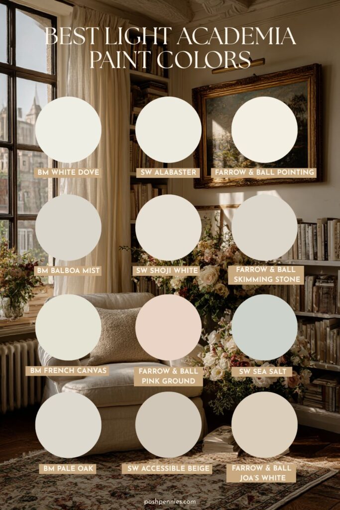 light academia suggested paint colors including paints from sherwin williams, benjamin moore and farrow and ball