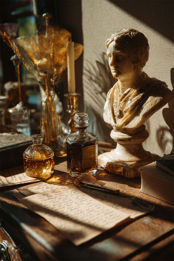 light academia accessories like glass bottles, a marble bust, candles and handwritten letters on a desk lit in golden hour