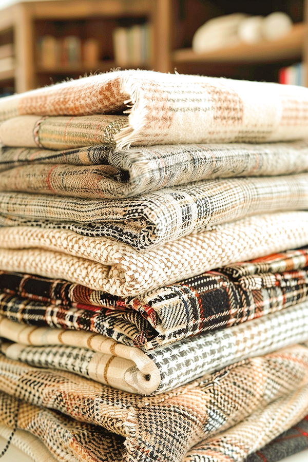 stack of textiles in classic british patterns