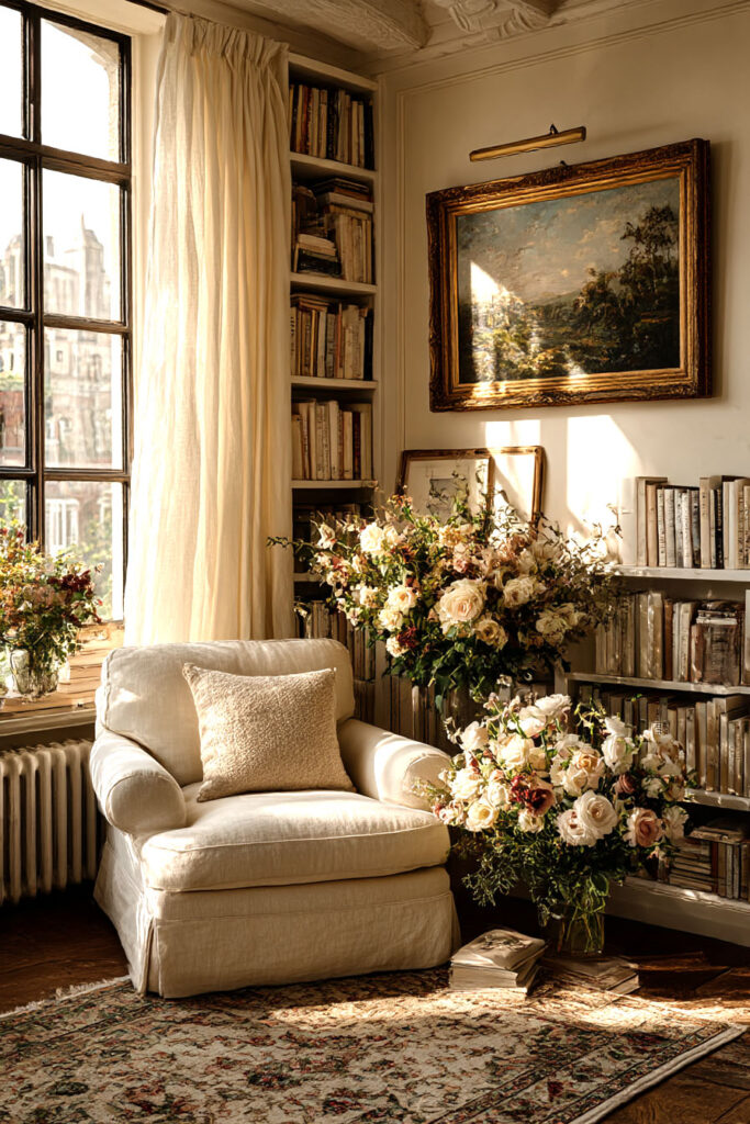 beautiful light academia corner with a cream armchair, white rose bouquets, a bookshelf full of books and a window overlooking a european city