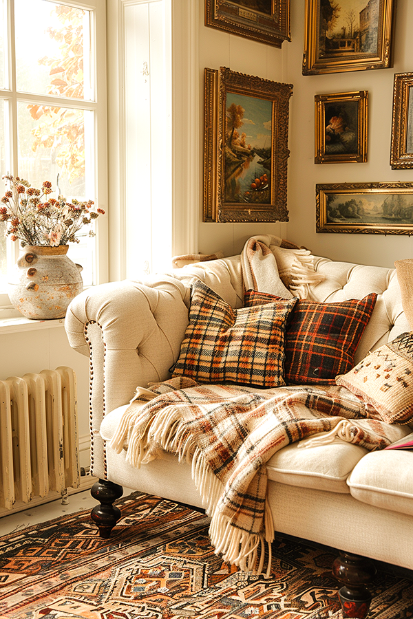 light academia style room with gold picture frames on wall