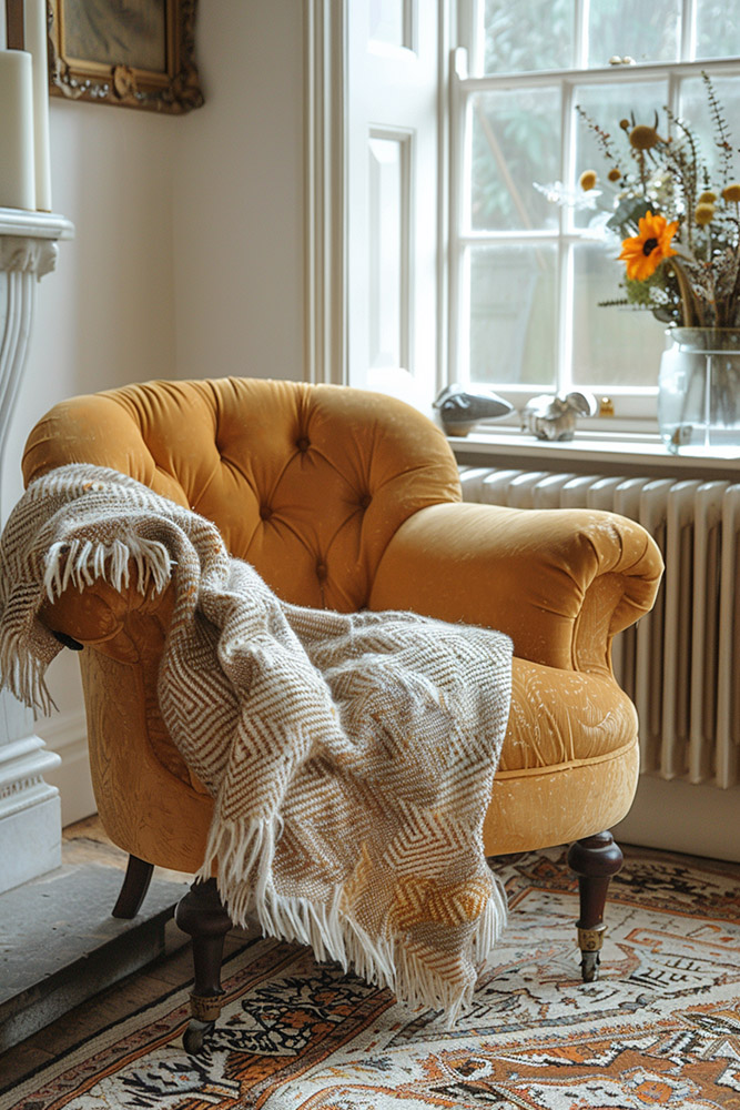 velvet armchair in a white bright light filled room