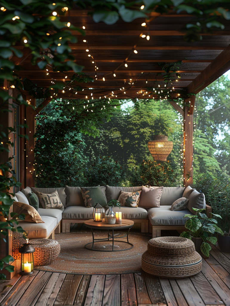 cozy patio illuminated by candles and string lights