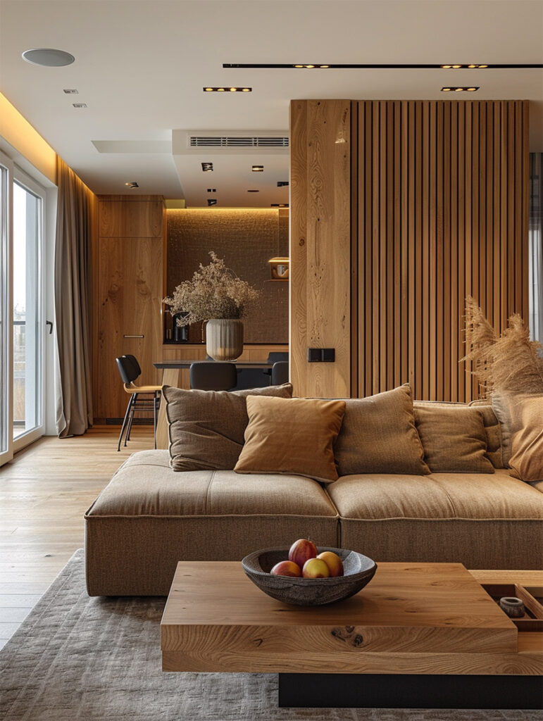wood slat accent wall in warm toned apartment