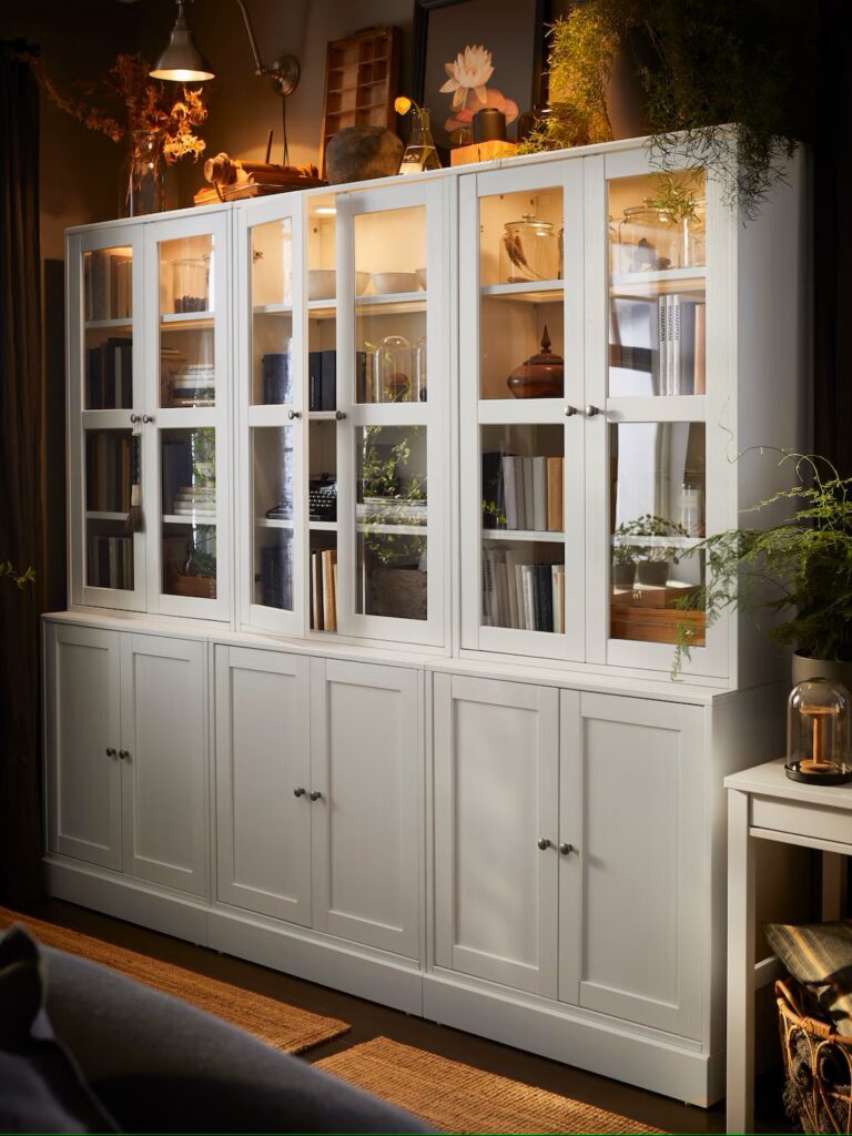 3 ikea havsta cabinets are placed side by side to enhance the space