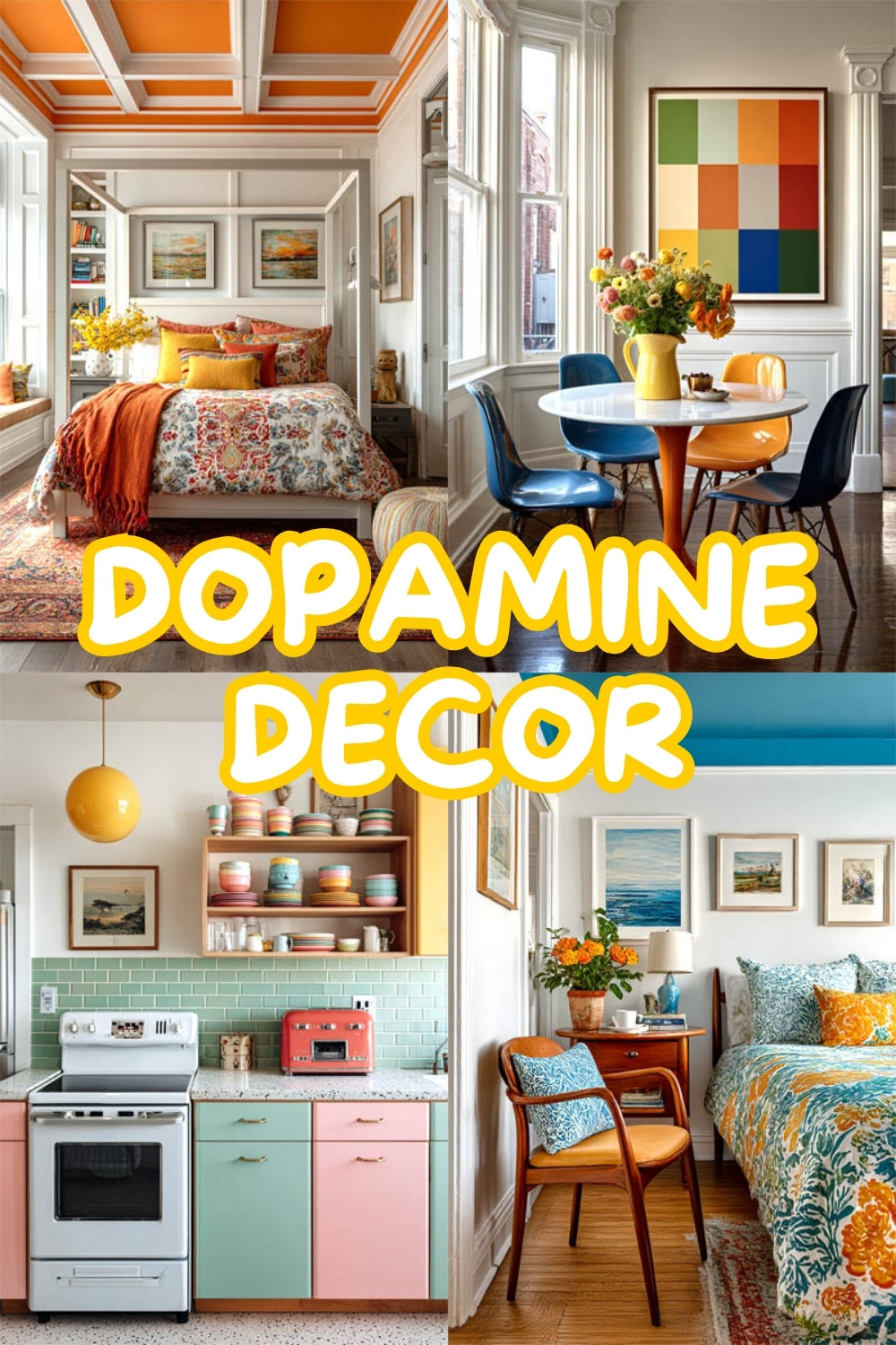 4 different spaces decorated in dopamine decor style with bright happy colors