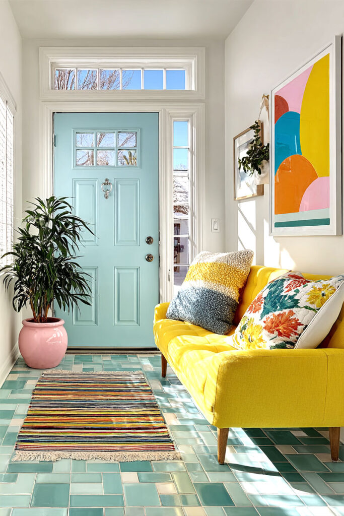 Dopamine decor entryway with a pastel blue front door, bold yellow couch, colorful throw pillows, and a striped rug over mint green tile flooring.