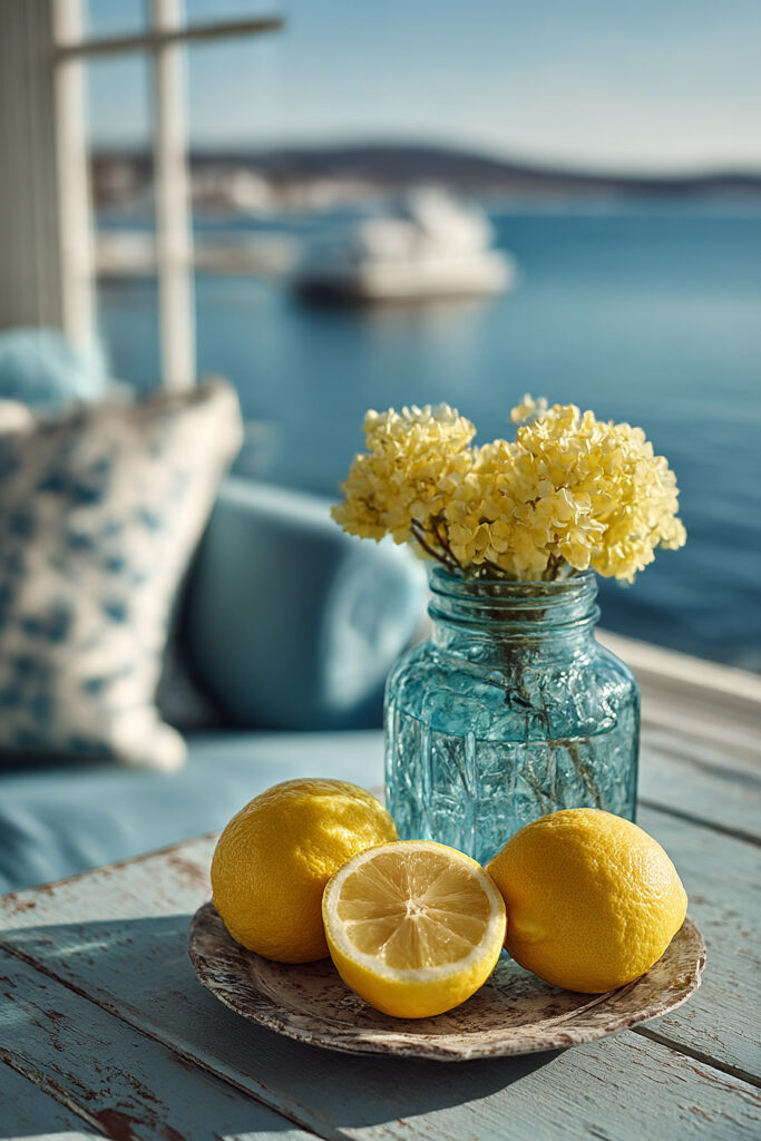 citrus fruit on a plate in front of the ocean