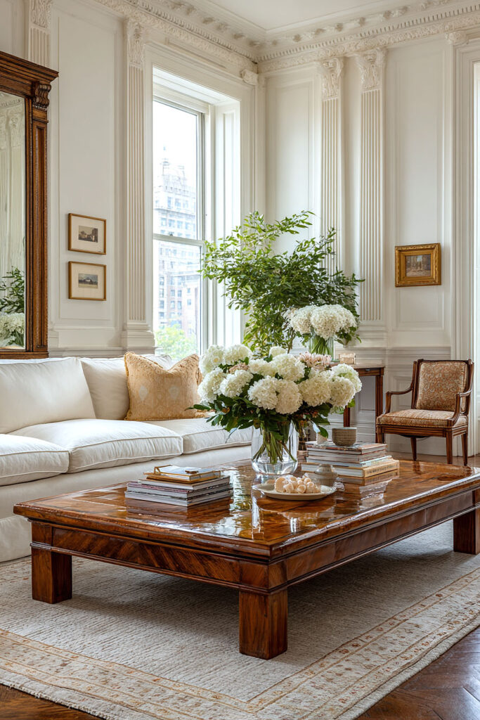 Traditional summer living room with crisp white furniture, large wood coffee table, and lush green plants for a clean seasonal refresh
