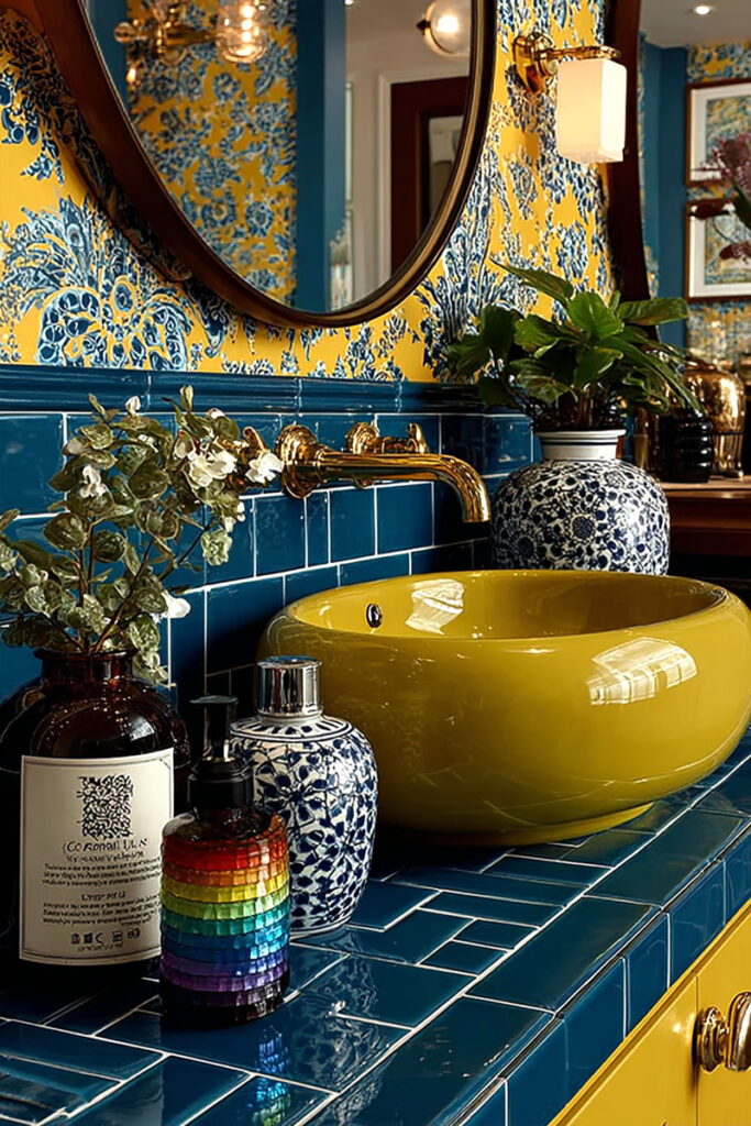 Bold dopamine decor bathroom with a mustard yellow vessel sink, glossy teal tile countertop, blue and yellow botanical wallpaper, gold faucet, and colorful soap dispenser.