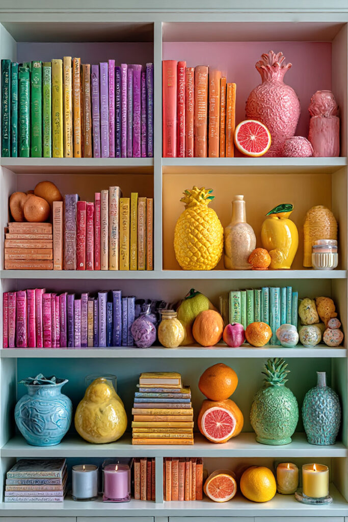 Colorful dopamine decor bookshelf arranged by rainbow hues, filled with books, ceramic fruit, decorative jars, and candles for a joyful and curated display.