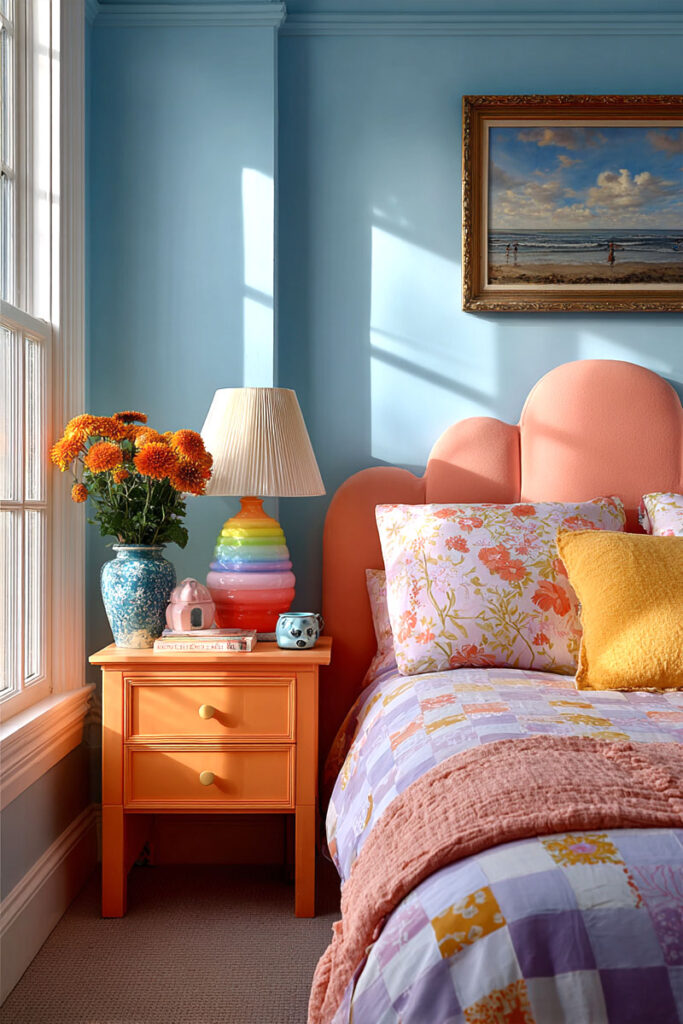 Colorful dopamine decor bedroom with a peach scalloped headboard, orange nightstand, rainbow lamp, and pastel patchwork bedding in a cheerful, sunlit space with light blue walls and floral accents.