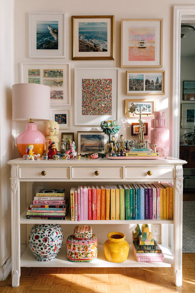 Eclectic dopamine decor console table with rainbow-stacked books, colorful figurines, pink lamp, vibrant ceramics, and a gallery wall of art and travel photography.