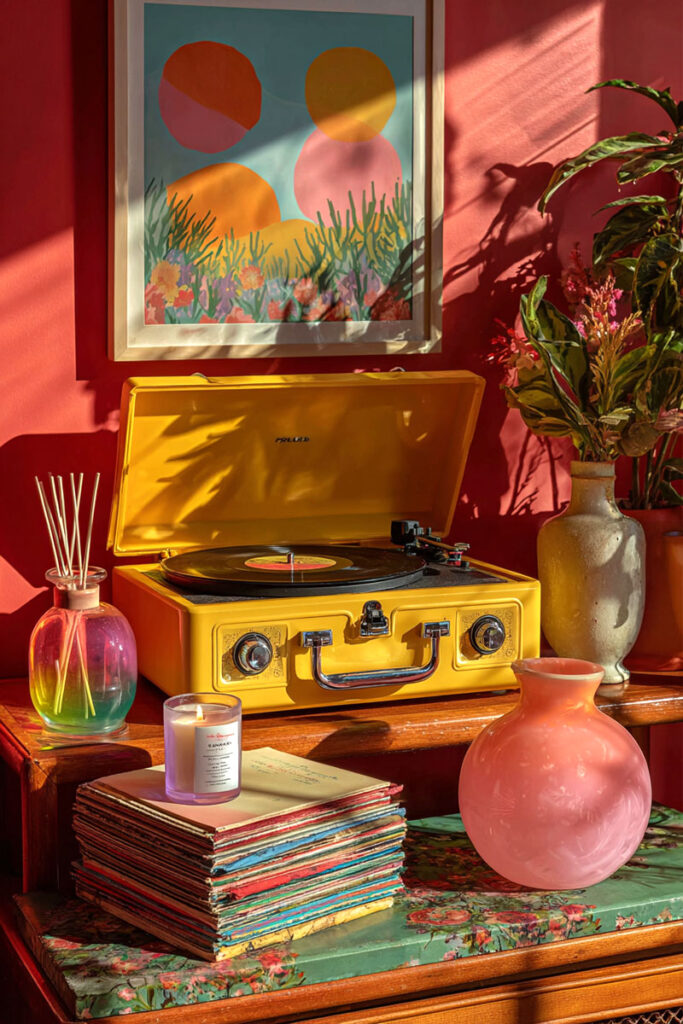 Vintage-style yellow record player surrounded by vibrant glassware, rainbow diffuser, candles, and abstract art on a coral wall.