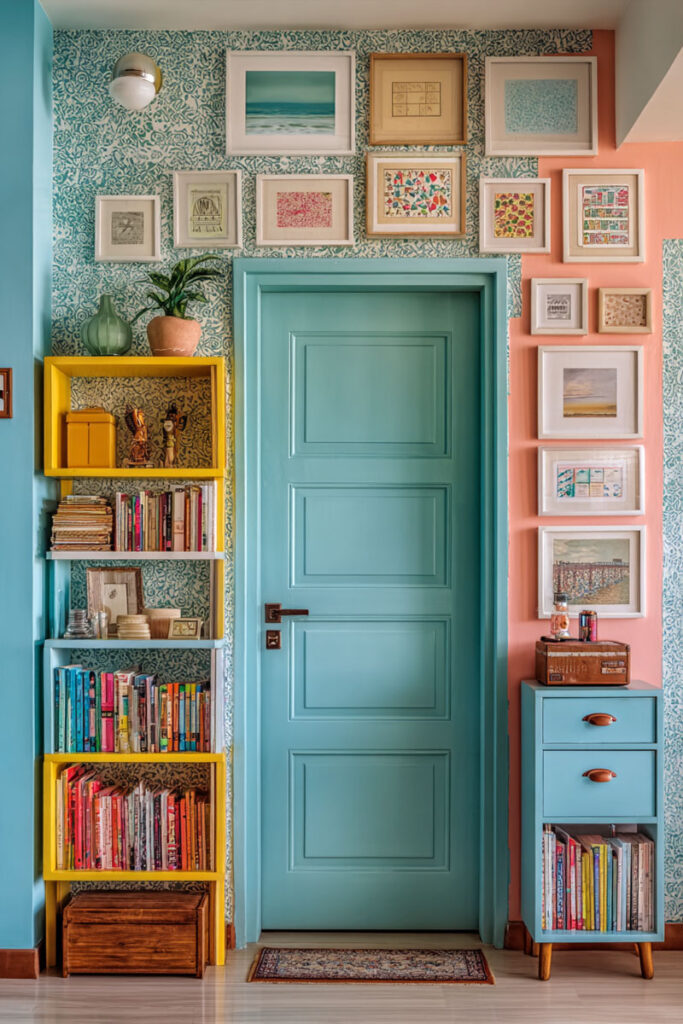 Bright hallway with a turquoise door, yellow open bookshelf filled with books, and a colorful gallery wall with patterned wallpaper.