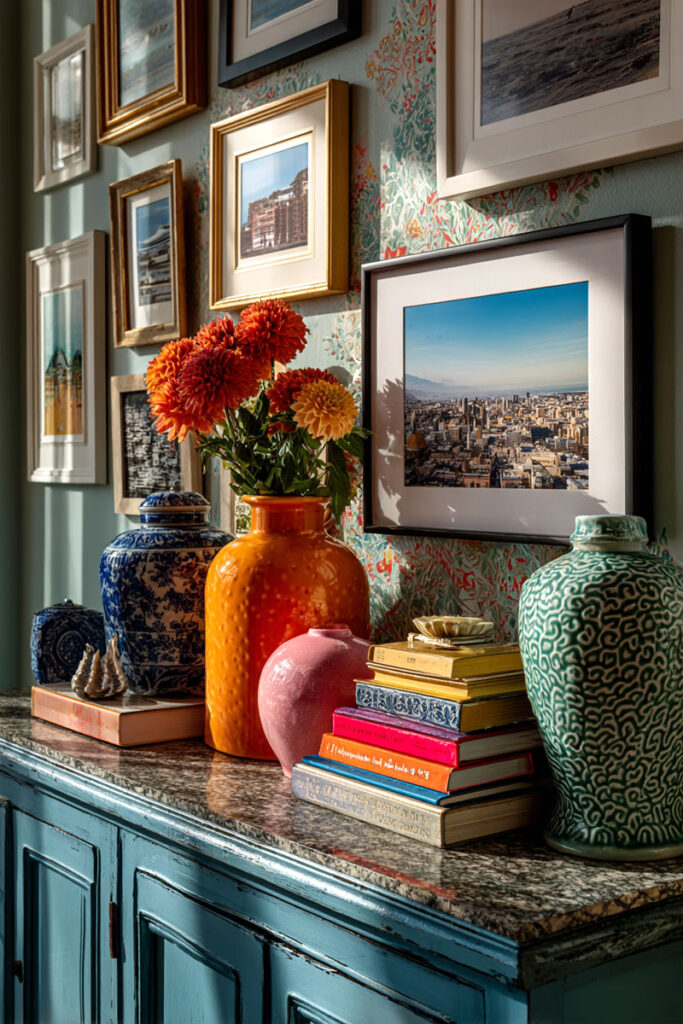 Dopamine decor console with bright ceramic vases, stacked books, and gold-framed photography gallery wall over blue-painted furniture.
