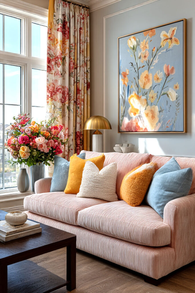 Light pinstripe sofa with yellow, white, and blue throw pillows, set under a large floral painting and beside vivid drapery and a brass lamp.