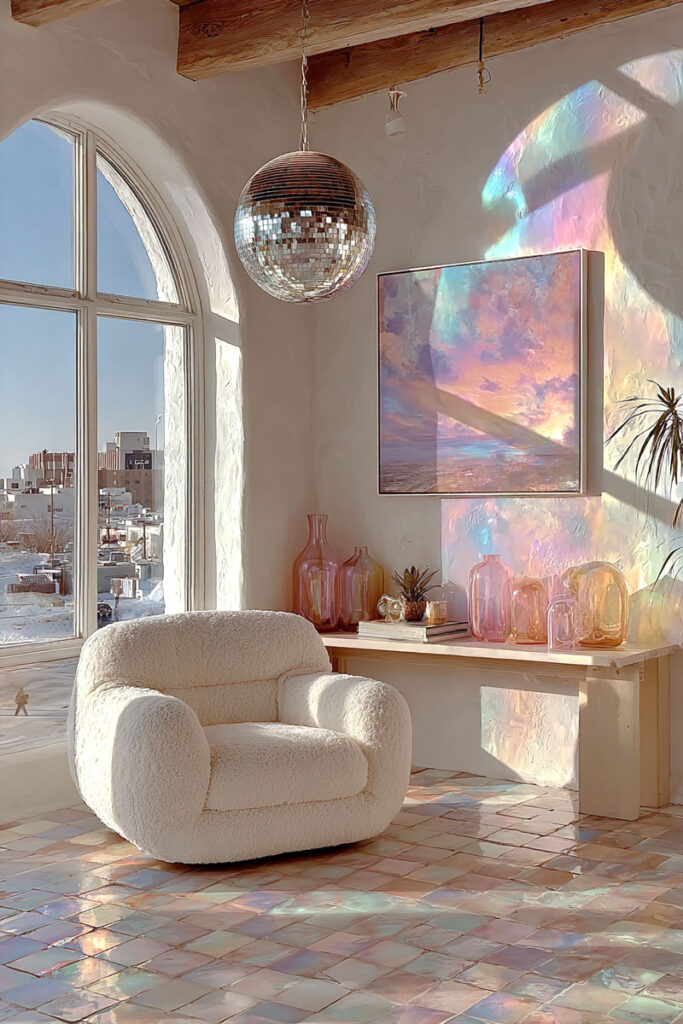 Dopamine decor corner with a disco ball, iridescent vases, and rainbow reflections casting light across plaster walls and tiled floor.