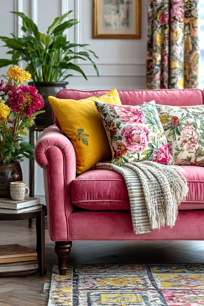 Bright pink velvet sofa styled with floral and yellow throw pillows, next to floral curtains and fresh blooms in a traditional living room.