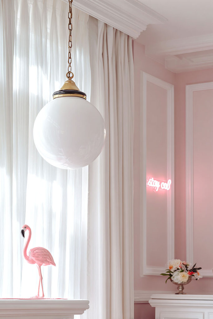 Elegant pink summer living room with globe pendant light, sheer white curtains, and playful flamingo decor for a fresh seasonal update