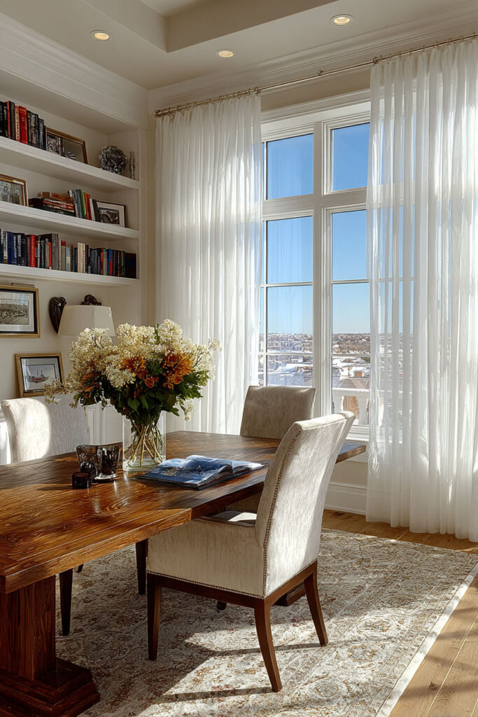 Airy summer home office with white sheer curtains, wood dining table, and floral centerpiece bathed in natural sunlight