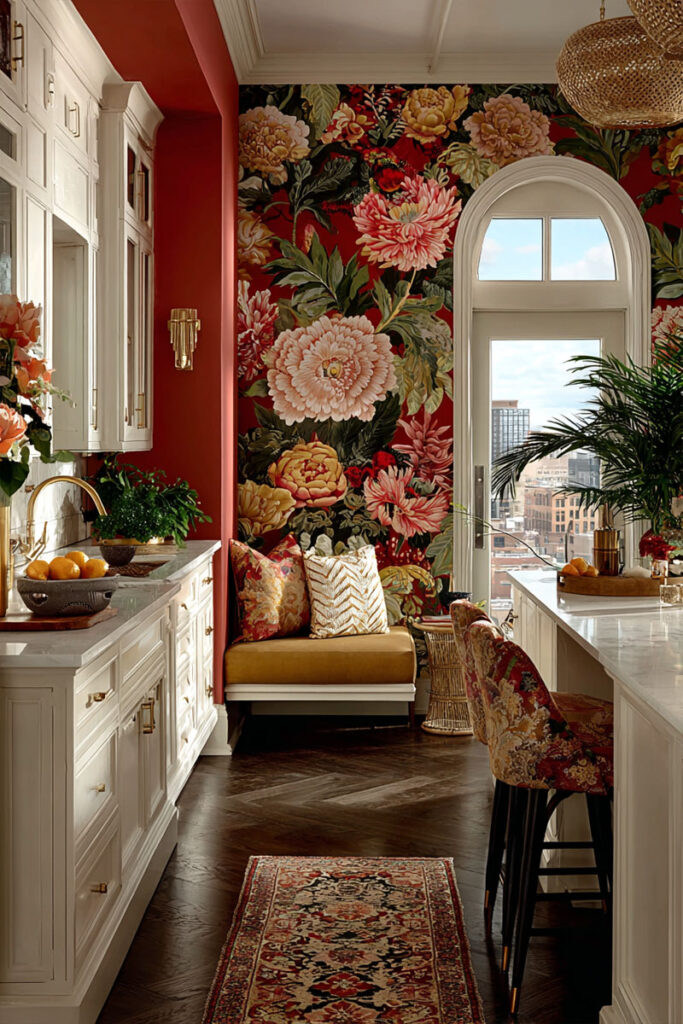 This 2025 kitchen design trend features an elegant kitchen with bold floral wallpaper in deep reds and pinks, featuring white cabinetry, marble countertops, a mustard-yellow banquette with throw pillows, and a cozy city view through an arched window.